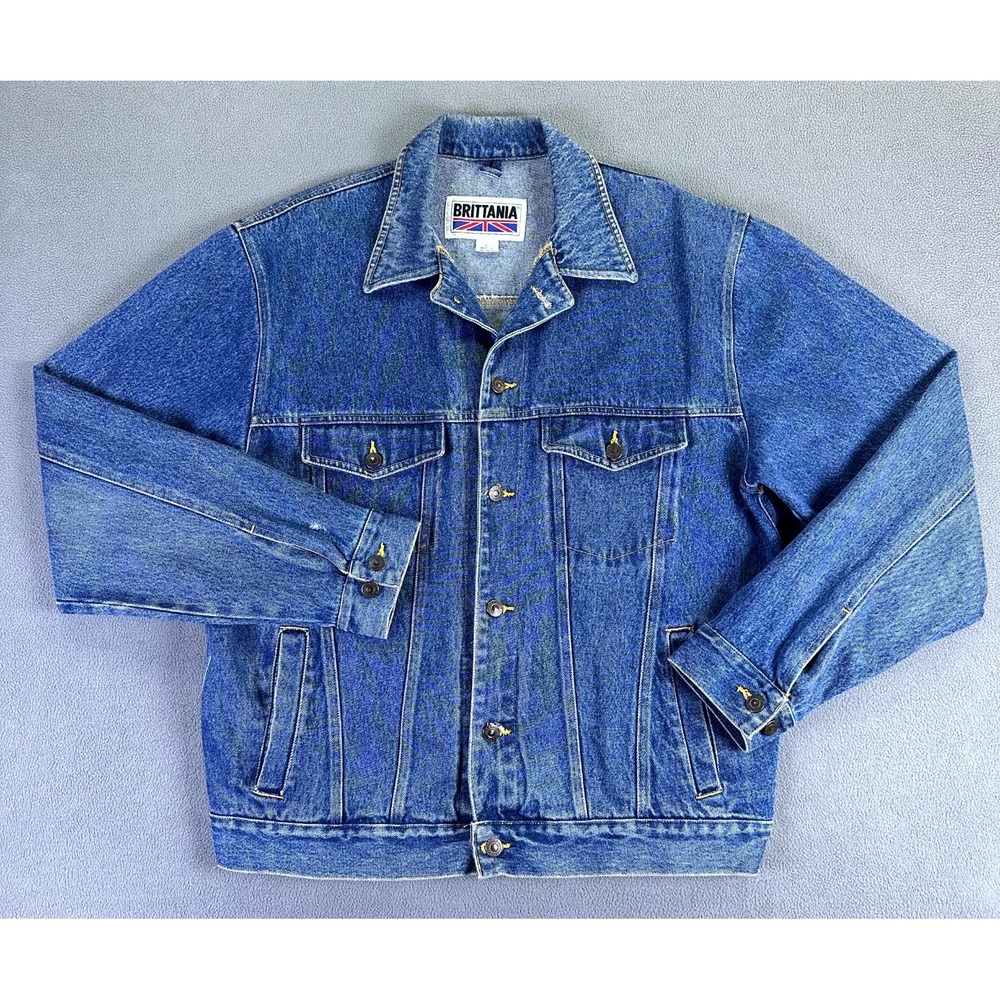 Brittania Trucker Jacket Mens Large Blue Distressed Denim Type III Vintage